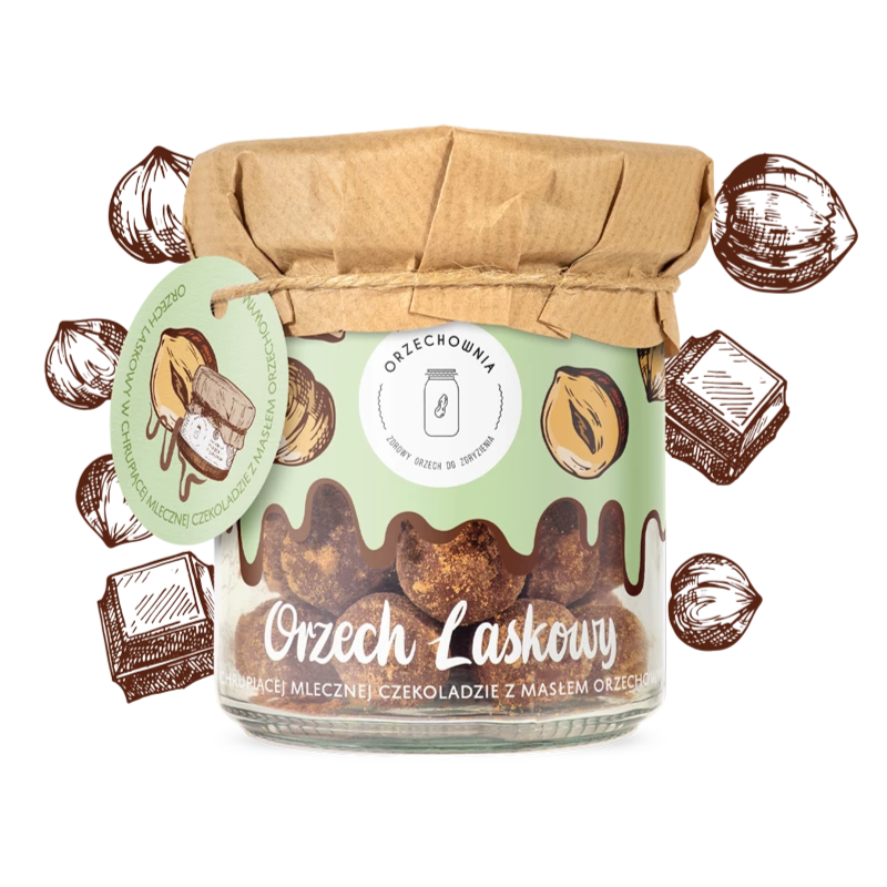 Orzech laskowy w chrupiącej mlecznej czekoladzie z masłem orzech.